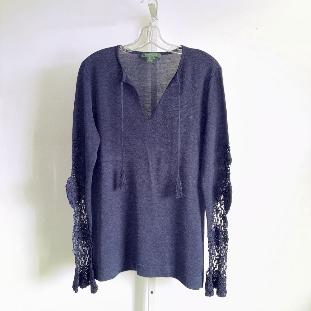 Lauren Ralph Lauren Navy Blue Silk Knit Sweater Top Size XL Crochet Long Sleeves